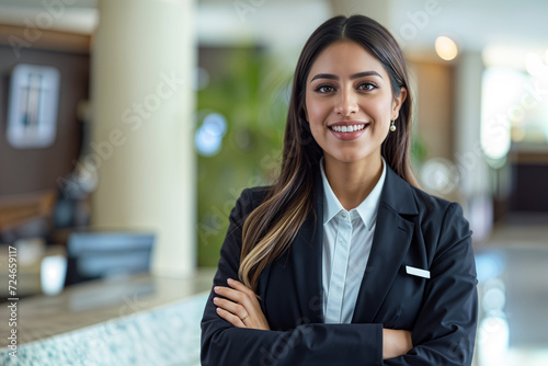 Hotel receptionist latina woman smiling, hospitality and customer service front desk welcoming clients, hotel lobby check in concept hd