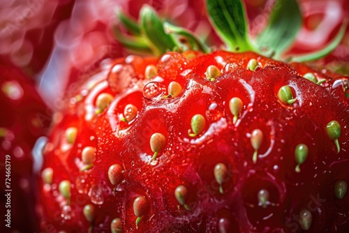 Detailed closeup shot of a ripe seed filled strawberry