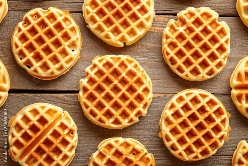 Freshly baked waffle on wooden background seen from above