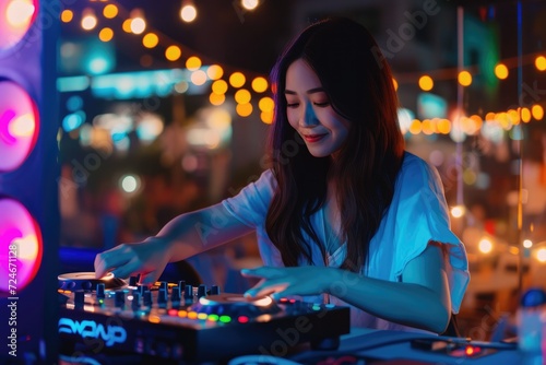 Young Asian woman dj girl playing music and scratching tracks on professional dj midi controller at colorful house party at night. 