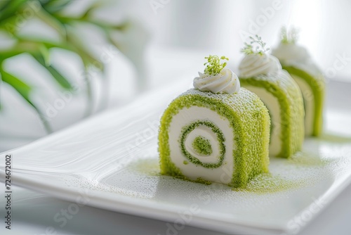 Macro photography of a green tea swiss roll on a white plate and background