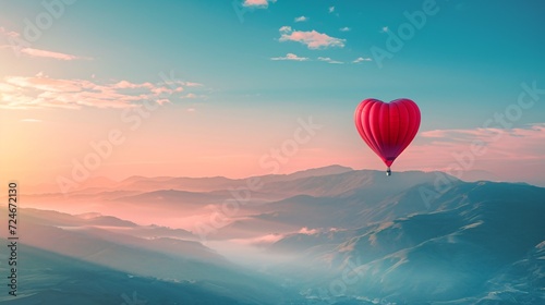 Lovely crimson hot air balloon heart silhouette in a sunny morning sky with misty mountains, perfect for a romantic Valentine's Day adventure.