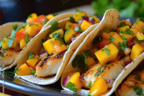 Mango salsa accompanies fish tacos
