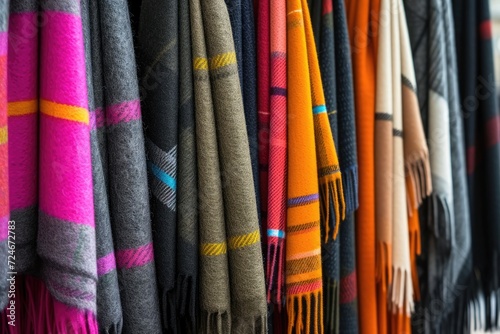Market stall selling cashmere scarves and wraps with patterned lines and squares