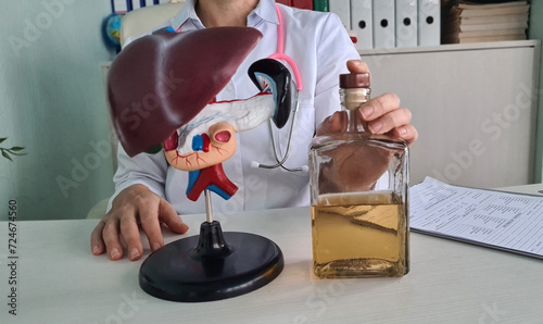 Alcohol liver damage and liver cirrhosis concept with liver with flask of alcohol in hands of doctor