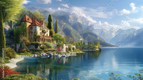 Beautiful villa on the lake with mountains in the background.