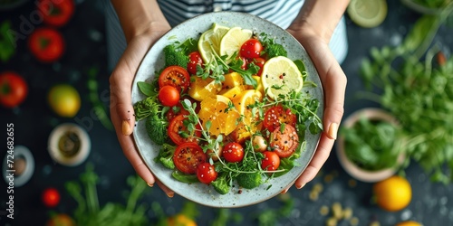 Macrobiotic Diet: The Essence of a Balanced Diet, Featuring Hands Holding Cutlery, a Plate, and Macrobiotic Ingredients or Dish in a Realistic Advertising Poster