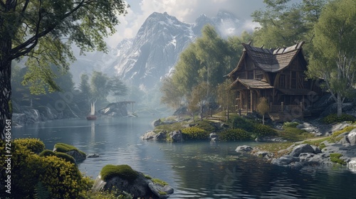 Wooden house on the bank of a mountain lake