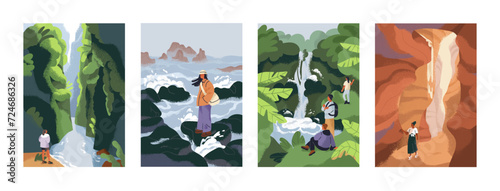 People travel in nature. Vertical landscape cards set. Holiday adventure in caves, canyon, hiking to waterfall, sea and rocks, enjoying peaceful calm tranquil sceneries. Flat vector illustrations