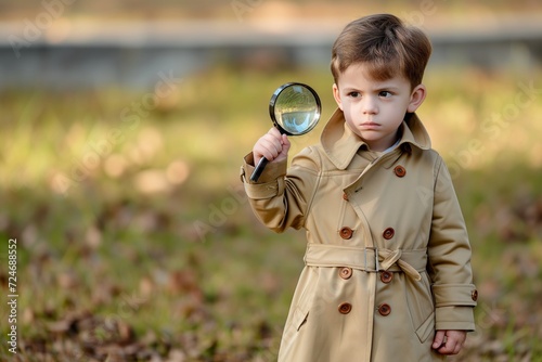 child in trench coat with magnifying glass