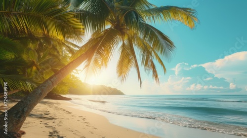 Tropical beach with palm trees with sunshine, travel concept