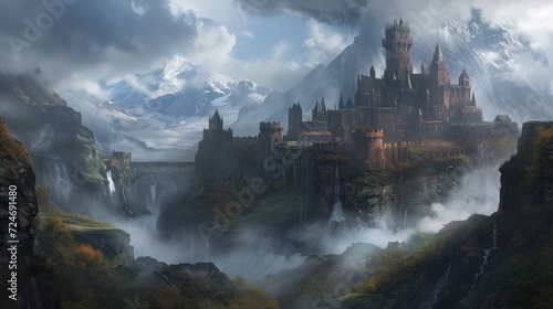 Panorama of abandoned castle in misty mountains. Fantasy landscape