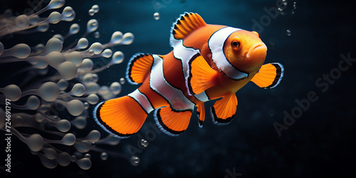 Vibrant Clownfish Amidst Serene Ocean Bubbles: Underwater Marine Life Scene for Calming Aquatic Backgrounds