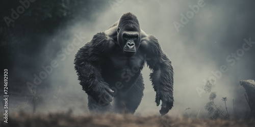 Majestic Gorilla in Misty Wilderness: Primal Strength and Wild Beauty Captured in a Dramatic Natural Setting
