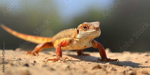Close-Up of a Vibrant Orange Bearded Dragon Lizard Basking in Sunlight on Sand with Detailed Scales and Bright Eyes