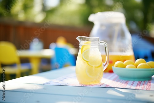 refreshing lemonade pitcher on a picnic table