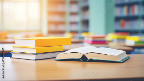 School book on table in classroom. Books on table in school classroom