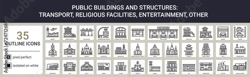 Public buildings icon set in outline style