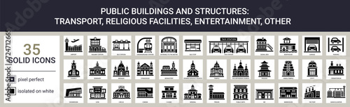 Public buildings icon set in solid style