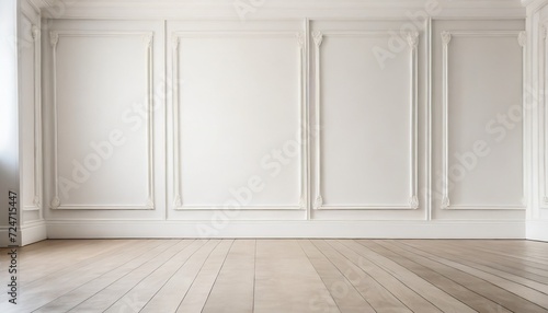 close up of decorative moulding white baseboard in empty room with copy space