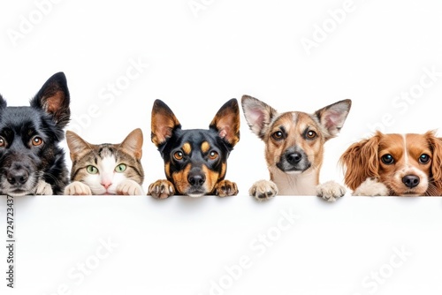 Adorable Mixed Breed Dogs and Cats Peeking Over Edge - Group Pet Portrait