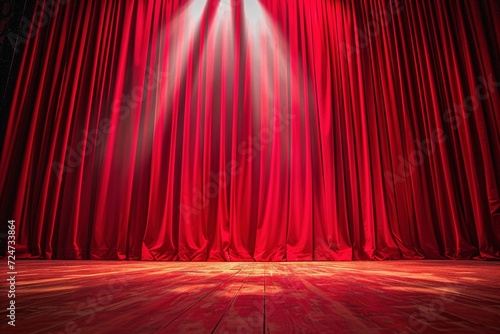 Enchanting Theater Stage: A magical theater stage adorned with rich red curtains, illuminated by a captivating show spotlight, evoking a sense of wonder and enchantment
