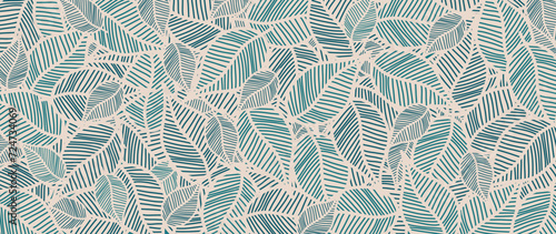 Abstract foliage botanical background vector. Beige wallpaper of tropical plants, leaf branches, palm leaves, green line art. Foliage design for banner, prints, decor, wall art, decoration