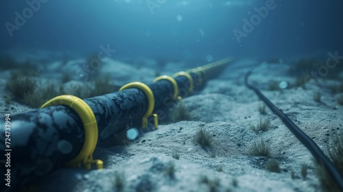 Submarine internet communication cable on the seabed in the ocean (3d illustration) 