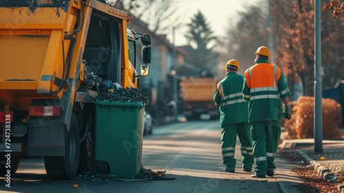 Two garbage men working together on emptying dustbins for trash removal with truck loading waste and trash bin. 