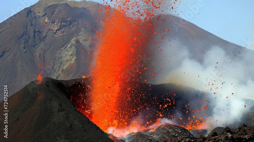 The intense heat and energy of the volcano's eruption create a dazzling display of fire and brimstone.
