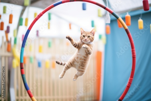 cat jumping through suspended hoops in a play area