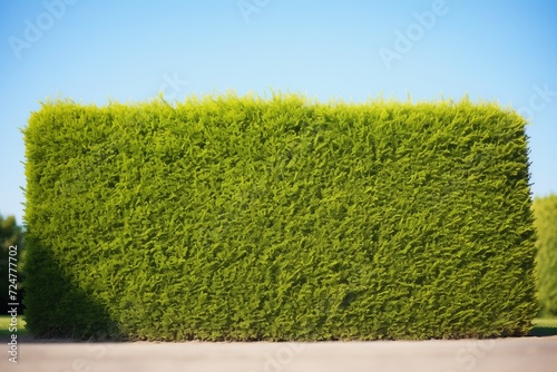 clipped boxwood hedge under bright midday sun