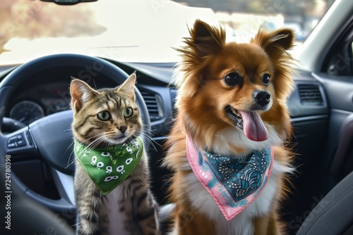 fluffy dog and cat wearing bandanas in car front seat