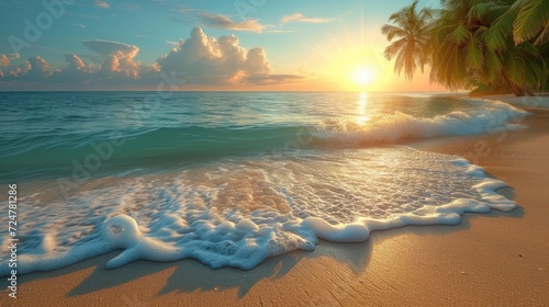  a beach with a wave coming in to the shore and the sun in the sky above the water and palm trees to the right of the beach and the water.