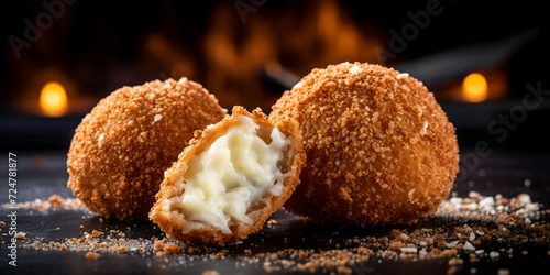 Delicious homemade chicken cheese ball snacks on black background 