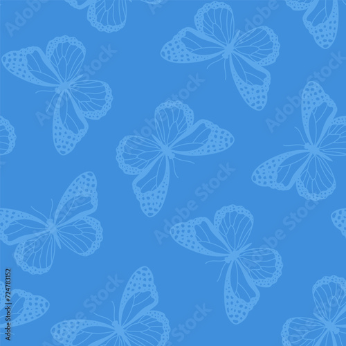 Blue seamless pattern with light blue butterfly