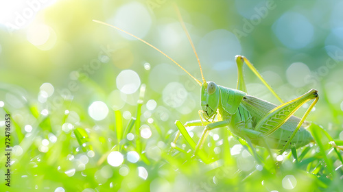 Natural grasshoppers sitting on the grass with bokeh.