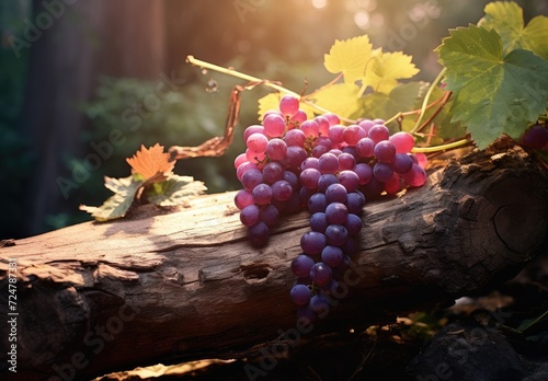A wooden board adorned with ripe grapes and leaves, creating a charming display.