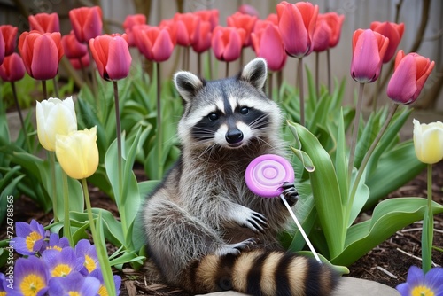 raccoon sitting in a flower bed with a purple lollipop is surrounded by tulips