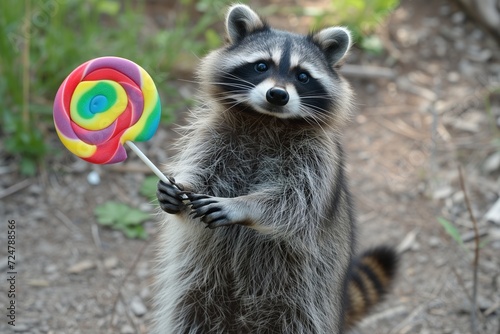 raccoon stands on hind legs in daylight grasping a colorful swirly lollipop