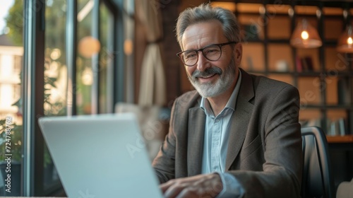 Happy mature business man executive manager looking at laptop computer watching online webinar or having remote virtual meeting, video conference call negotiation