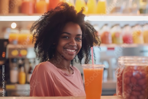 African american saleswoman at a juicebar serving juice in a plastic cup looking very happy and smiling 