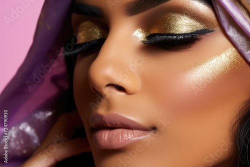 model's face is captured in exquisite detail, her skin adorned with golden makeup, highlighting her eyes and lips against a soft purple veil