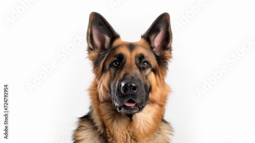 A sweet shepherd dog isolated against a stark white background.