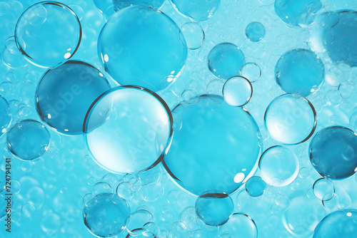 Water bubbles. Background with liquid and air bubbles. Blue texture with soapy water