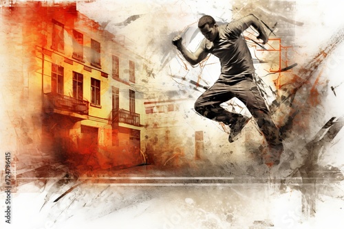 An energetic and dynamic illustration of a man performing an element of breakdancing and parkour with movements and flashes of light. Concept: youth cultural events, sports equipment. Grunge style 