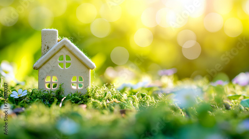 Ökologisches Wohnen mit einem grünen Haus aus Gras getragen von einer auf einer Handfläche stehend mit unscharfem Hintergrund Generative AI