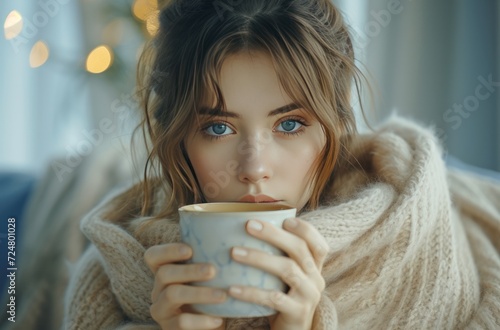 a pretty woman wrapping herself warmly in a blanket while drinking hot tea