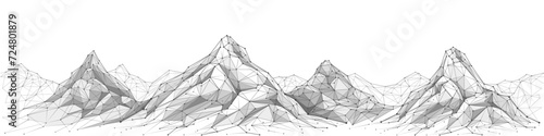 Abstract mountain landscape. Polygonal sketch. Outline background. Mountain range isolated on a white background. Line art. Black on white graphic. Low poly wireframe linear vector illustration. 