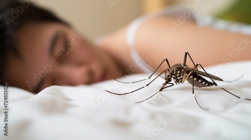 Tiger mosquito waiting on the bed next to an asleep person, man or woman sleeping in the bedroom close to a mosquitoe, blood sucking insect on white sheet, macro photograph, closeup view of hungry bug